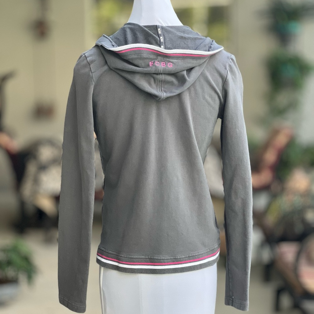 BCBG Max Azaria Hooded Jacket Large LG L Grey White and Pink Stripes - Picture 11 of 11
